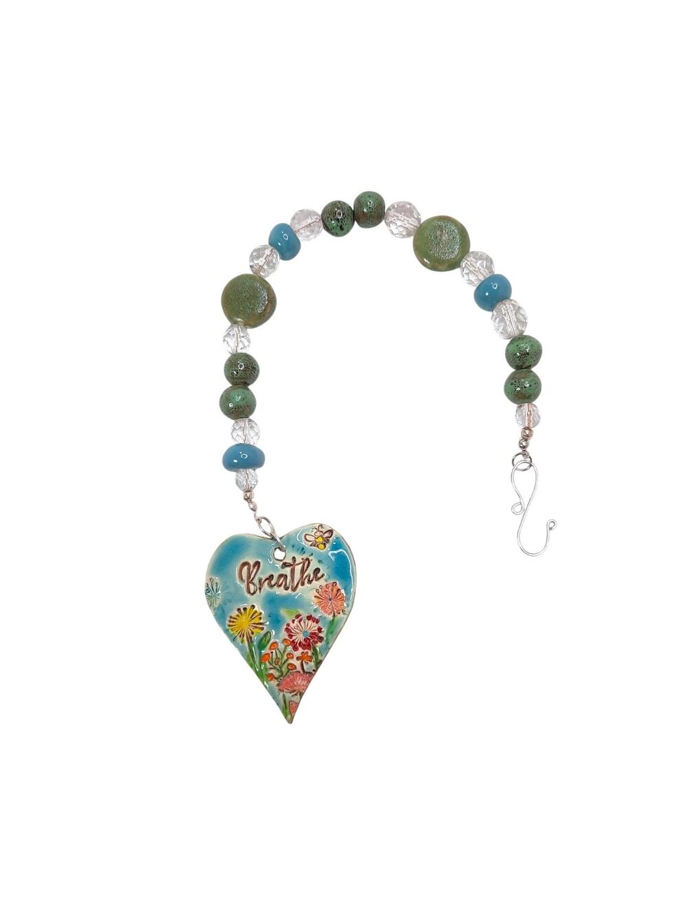 Artisan Upcycled Beaded Suncatcher Hand Painted Ceramic Heart Breathe Floral NEW